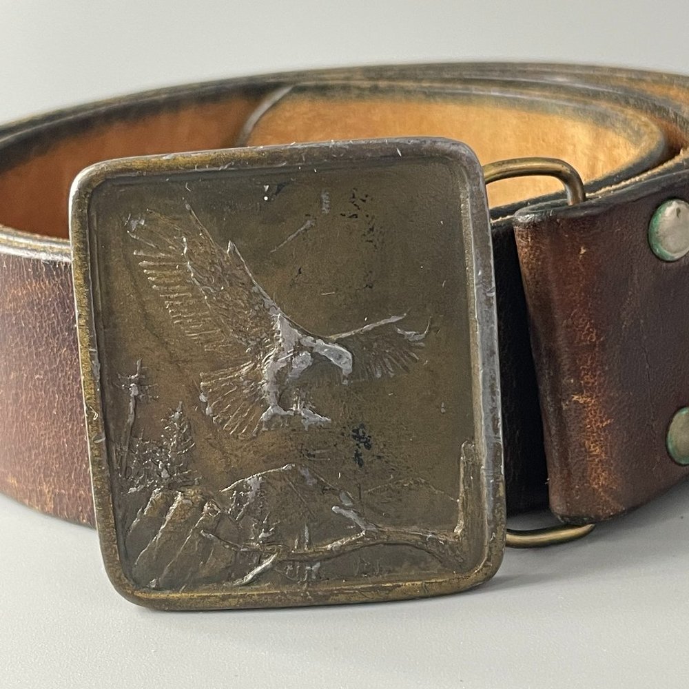 Vintage Indiana Metal Craft 1977 Bald Eagle Buckle Belt, Brown, 32